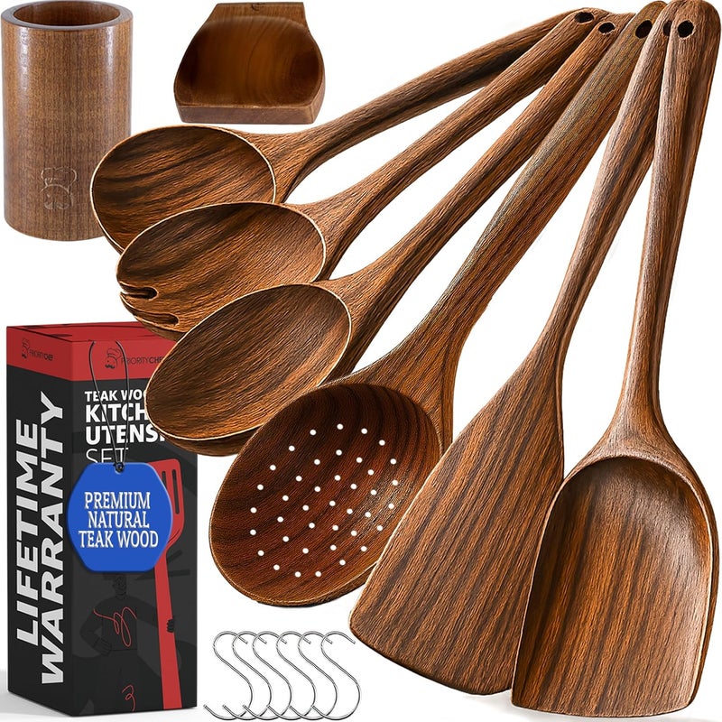 Priority Chef PriorityChef Premium Wooden Spoons for Cooking - 6pc with Utensil Holder, Spoon Rest and Hanging Hooks, Smooth Finish Teak Wooden Utensil Set, Heat-Resistant & Nonstick Safe, Ideal for Gifting - Image 1